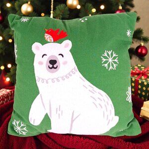 Embroidered Christmas Winter Polar Bear Snowflake Holiday Throw Pillow - 15"x15"